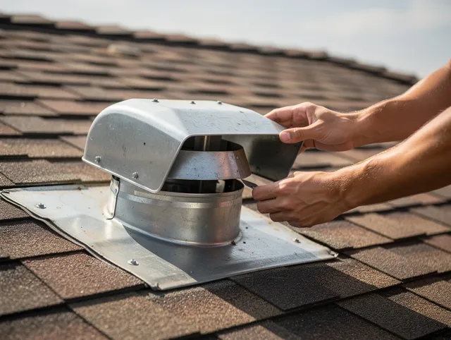 Meriden Dryer Vent Cleaning certified technician safely cleaning a roof-mounted dryer vent in Meriden
