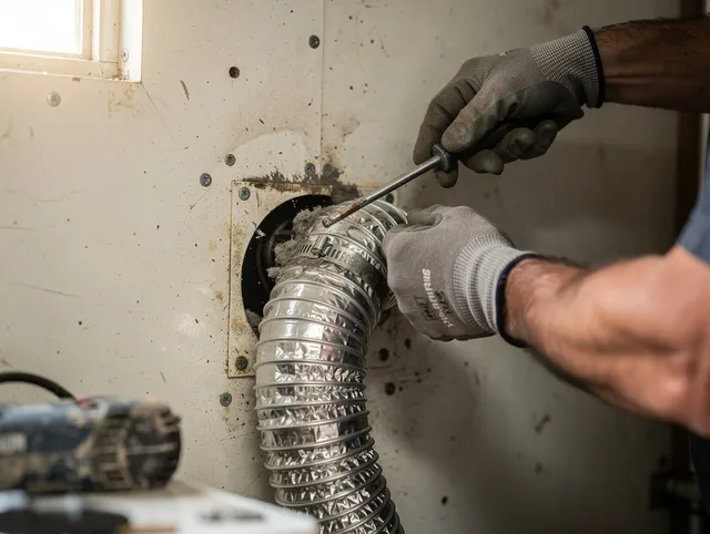 Meriden Dryer Vent Cleaning technician performing precise dryer vent hose installation in Meriden